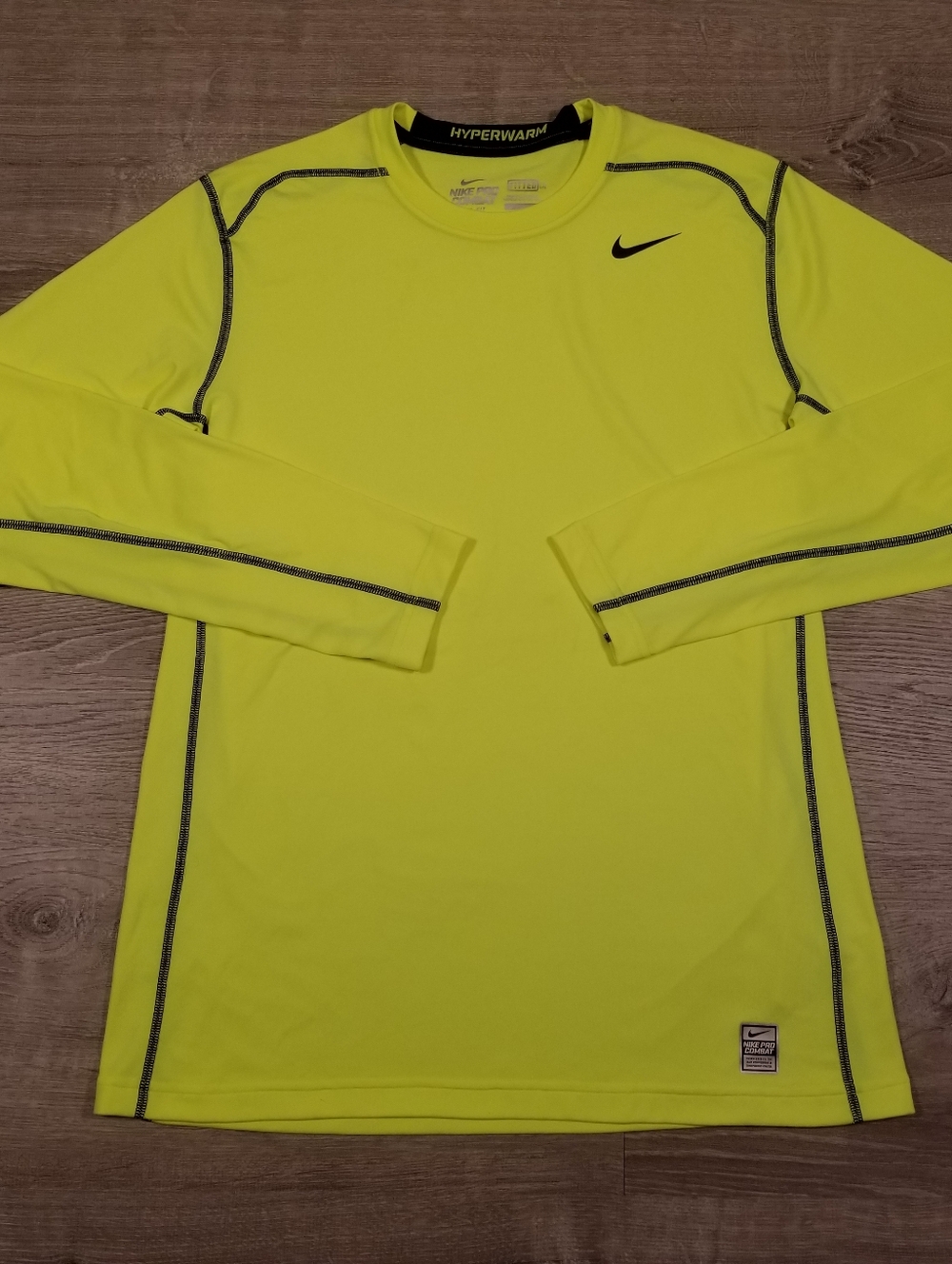 Nike Pro Combat Shirt Mens Large Neon Yellow Hyperwarm Dri-FIT Long Sleeve Gym